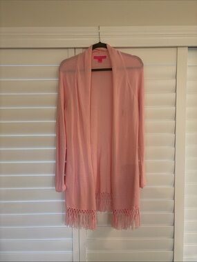 Lilly Pulitzer Light Pink Open-Front Fringe Cardigan